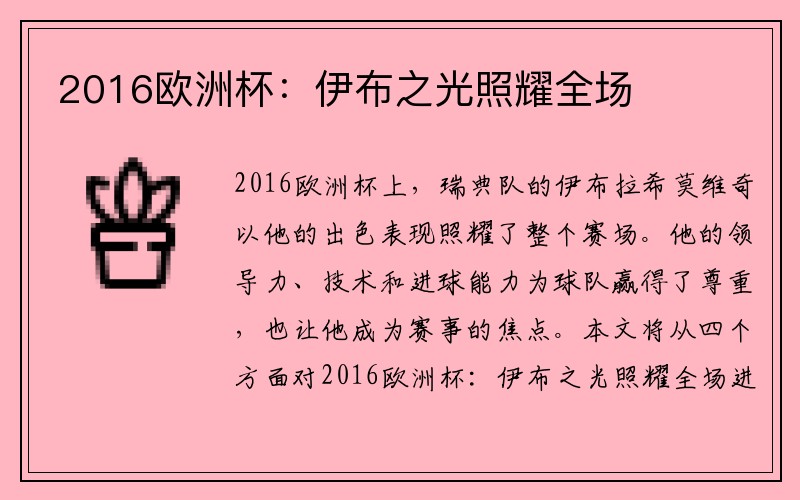 2016欧洲杯：伊布之光照耀全场